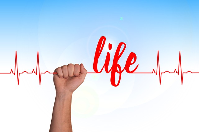Ilustração de electrocardiograma, uma mão segura no marcador da frequência cardíaca, seguido da palavra life.