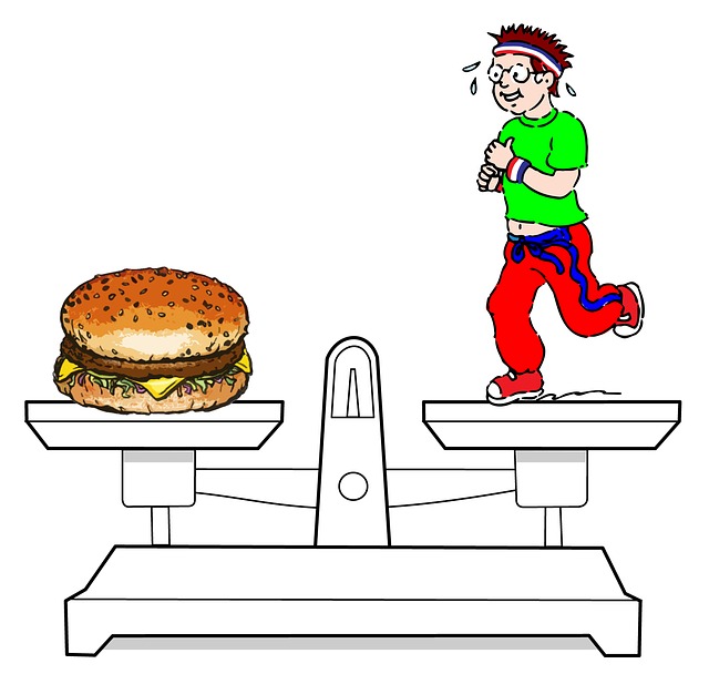 Ilustração com, uma balança, um hambúrguer num prato, e um corredor noutro prato.